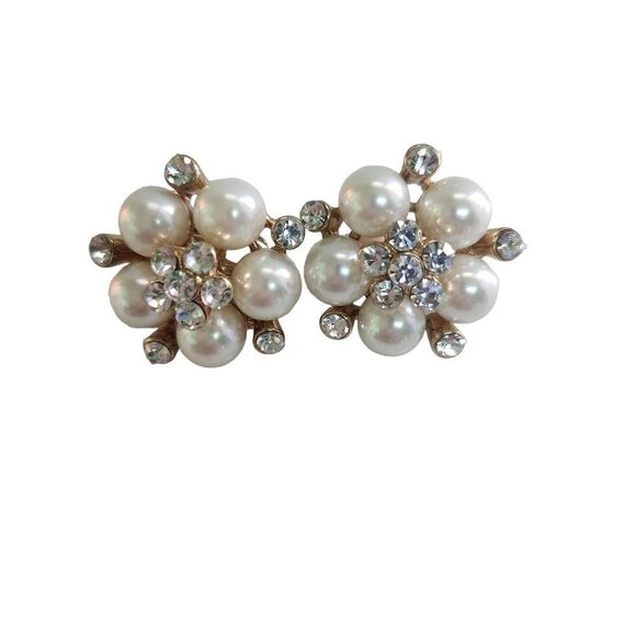 Vintage Faux Pearl Rhinestone Clip Earrings - Picture 1 of 2